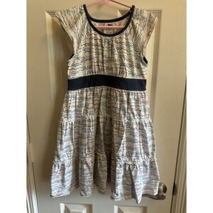 Girls Tea Collection White Printed Waves Twirl Dress w/Navy‎ Trim Size 6
